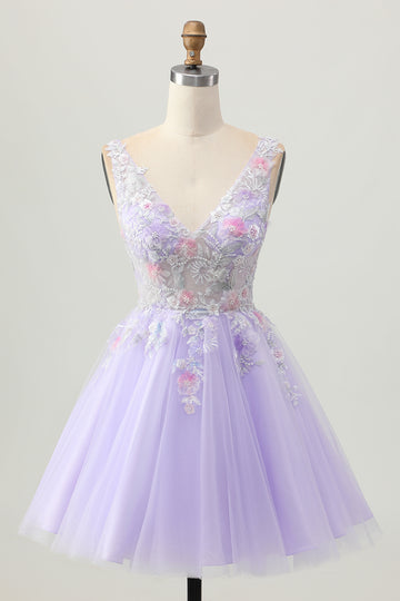 Beaded A Line Sequins Appliqued Lilac Short Homecoming Dress